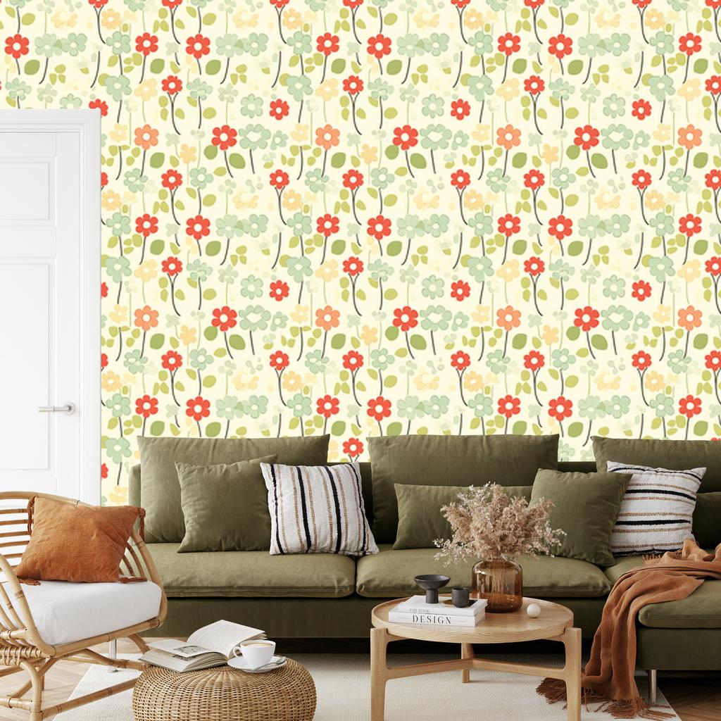 Cream and lime flowers wallpaper for living room and bedroom 50x1000