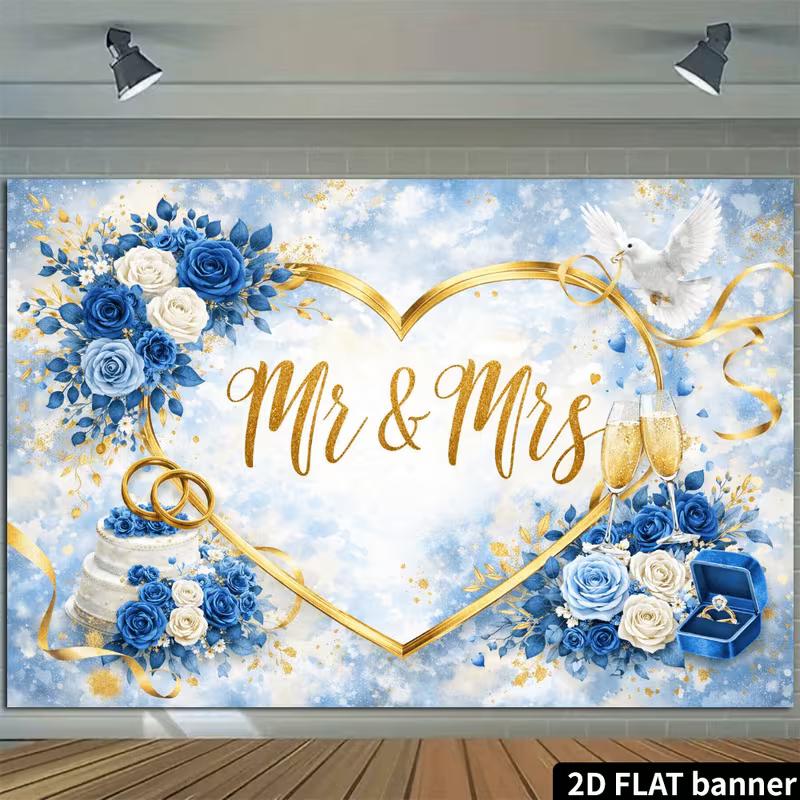 2D Сине-золотой Mr & Mrs Фотофон Свадебное Сердце Баннер для Фотобудки