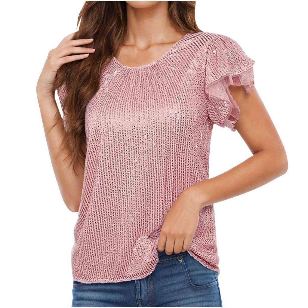Women's Fashion Solid Color Round Neck Ruffle Sleeve Sequins Casual Blouse Tops