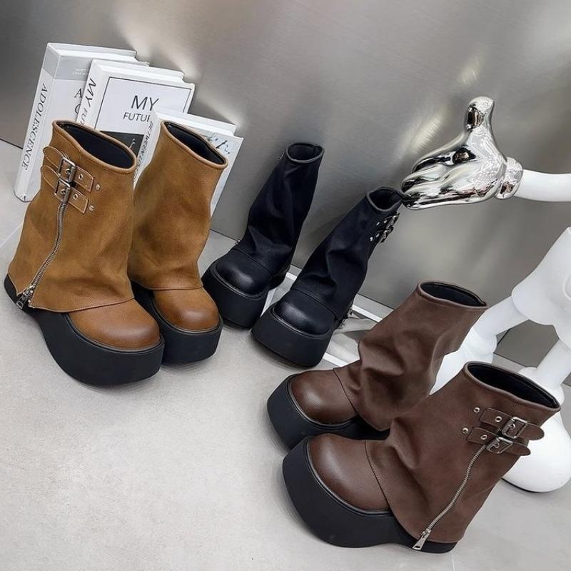 Стильные черные коричневые сапоги с круглым носком на платформе, женские сапоги до колена, с пряжкой на ремне, с застежкой-молнией сбоку, рыцарские сапоги