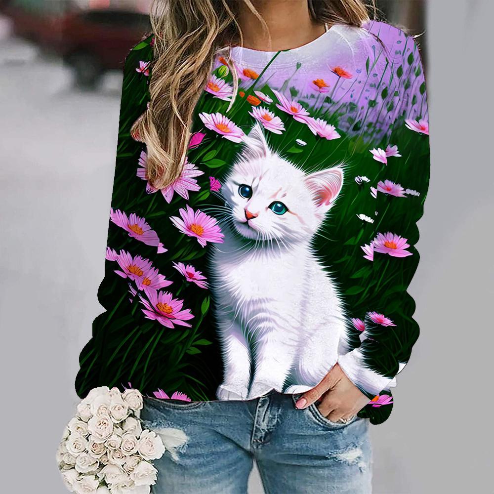 Милые кошачьи цветочные толстовки с 3D-принтом и животными, женские повседневные толстовки с длинным рукавом, уличная одежда Y2k, пуловеры, верхняя женская одежда