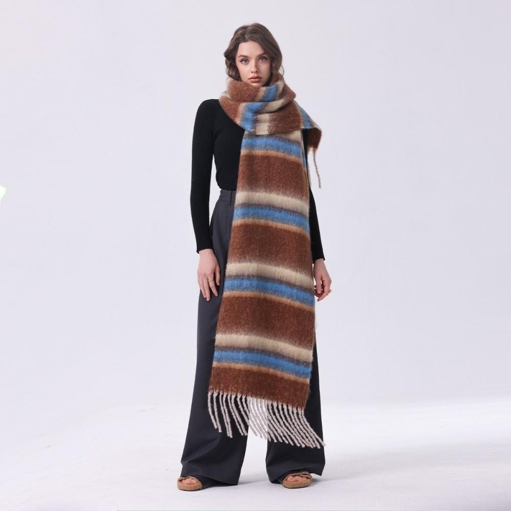 Tassel Winter Cashmere Scarves Mohair Long Shawl Retro Stripe Wool Scarf Girl