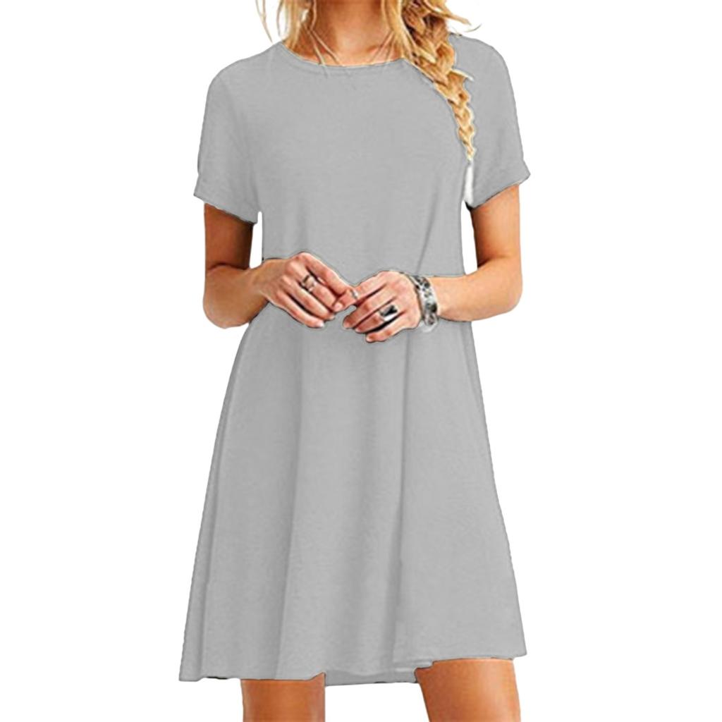 Yousheng Summer Mini Dress Short Sleeves A-line Round Neck Solid Color Above Knee Length Simple Style Short Dress Dating Beach Party Dress
