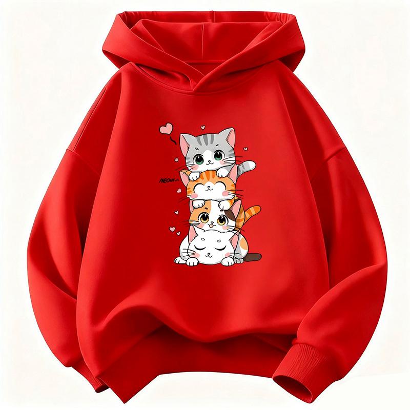 Children Hoody Cute Cat Graphic Kids Hoodie Long Sleeve Sweatshirt Cartoon Animal Boys Girls Clothes Kawaii Kitten Tops