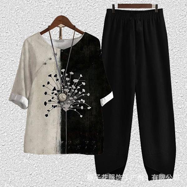 Europe beautiful women casual suit popular fashion summer new five-quarter sleeve printed top pants two-piece set