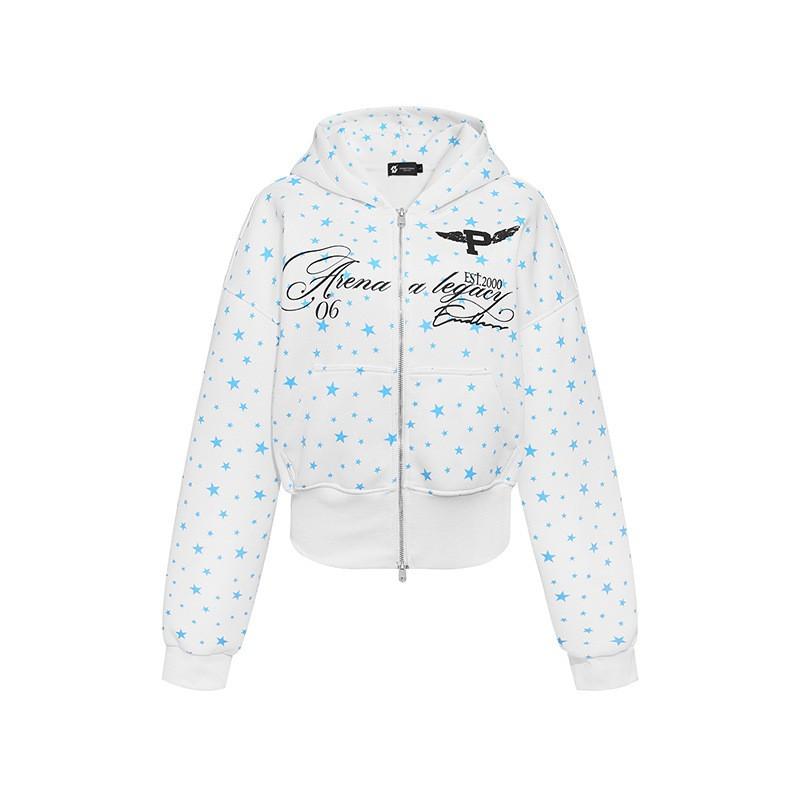 Womens Hooded Sweatshirt Fall Star Print Casual Fitted Short Jacket American Retro Loose Streetwear
