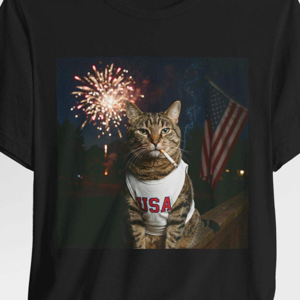 4th Of July Cat Smoking Shirt Independence Fireworks Tee