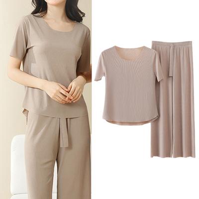 2 шт./компл. женские пижамы бесшовные ледяной шелк с круглым вырезом и коротким рукавом сплошной цвет с эластичной резинкой на талии и широкими штанинами свободные мягкие дышащие домашние комплекты с верхом и брюками
