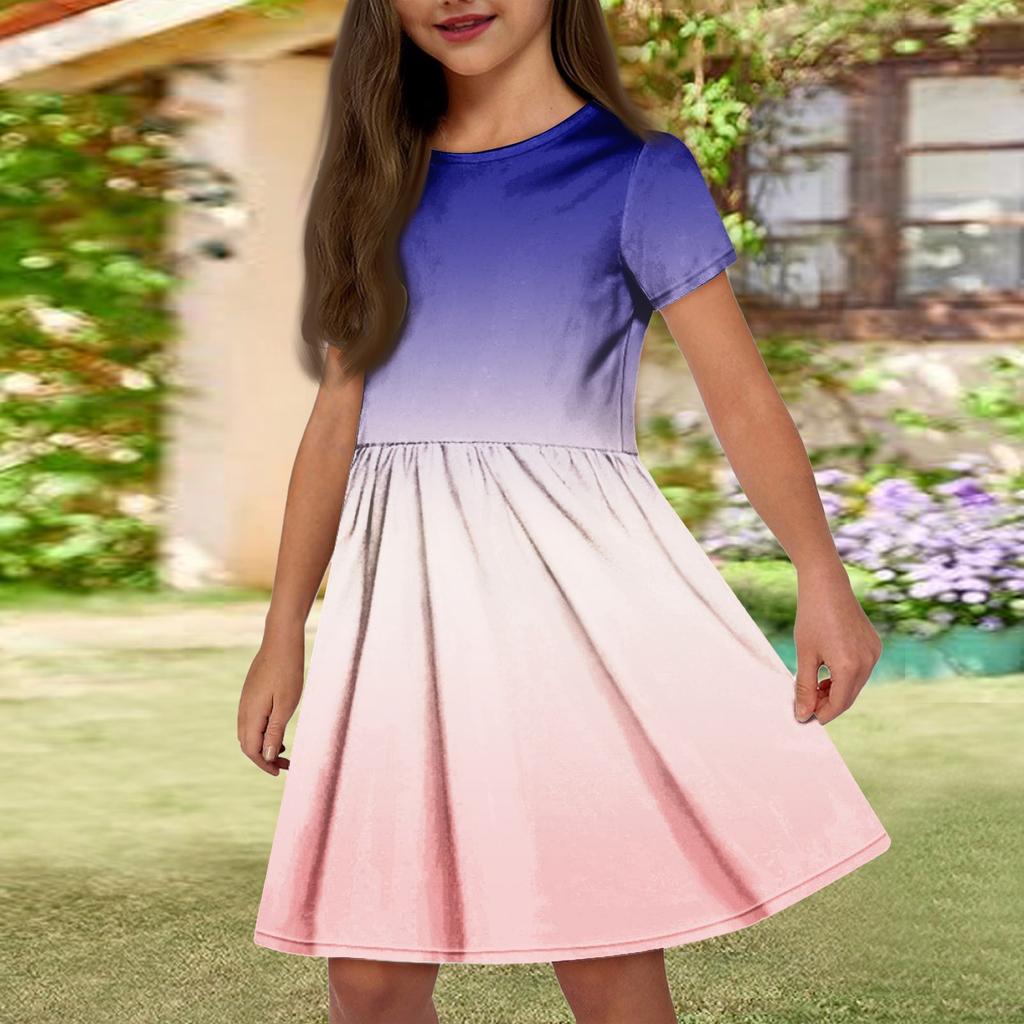 Летнее платье для девочек, однотонное платье без рукавов с принтом и карманом, повседневное платье, вечернее платье с короткими рукавами