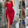 Spaghetti Strap Draped High Cut Bodycon Dress One Shoulder Side Split Satin
