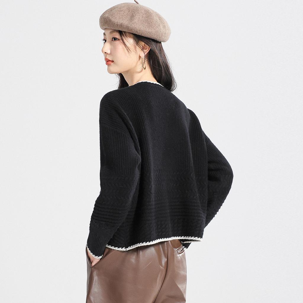 100% Sheepskin V-Neck Hollow Knit Cardigan Sweater Jacket for Women