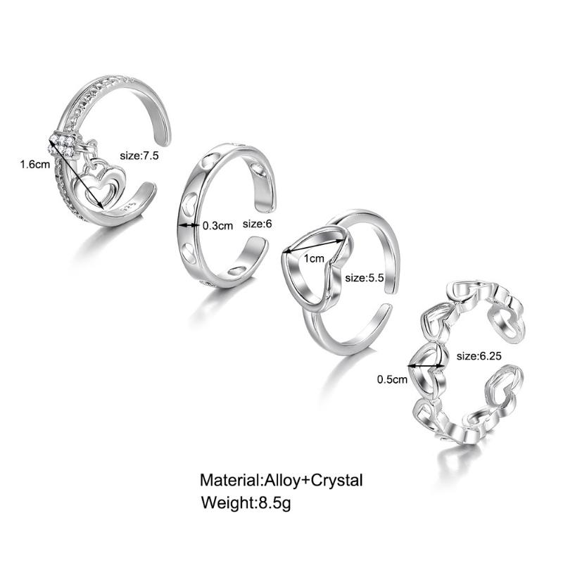 4-Piece Set Of Creative Hollowed-Out Heart Rings Featuring Minimalist Style With Open Knuckles Index Finger Exuding Elegance