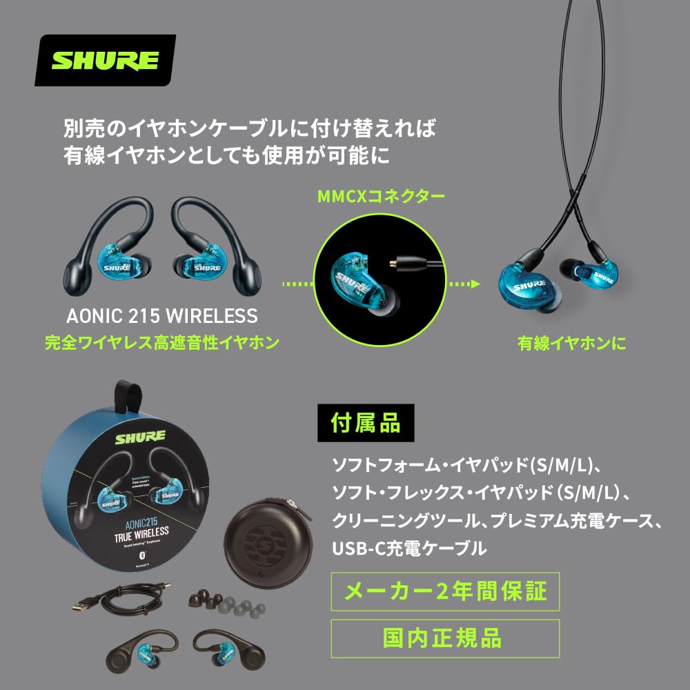 Shure AONIC 215 полностью беспроводные наушники 2-го поколения с прозрачным корпусом, высокой звукоизоляцией, Bluetooth-каналом, пассивным шумоподавлением, крепление на ухо
