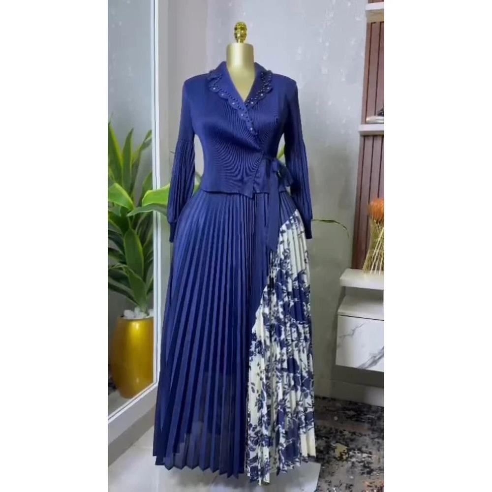 Новое плиссированное платье А-силуэта, элегантный костюмный воротник, средняя длина, утягивающая талия, стройнящая женская юбка со складками