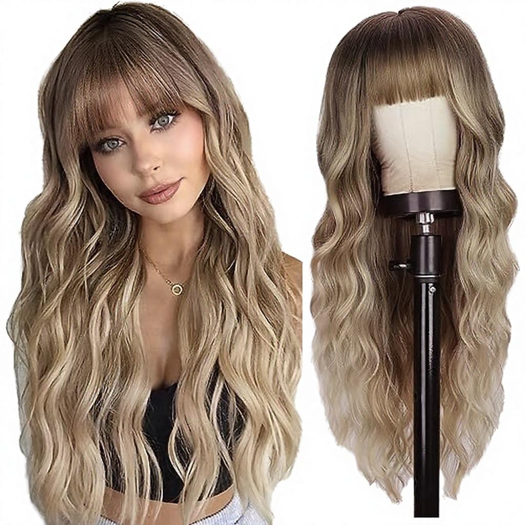 Bangs 26 Inches Deep Wave Body Wave Long Curly Synthetic Hair Wig Heat-Resistant Glueless European American Women High