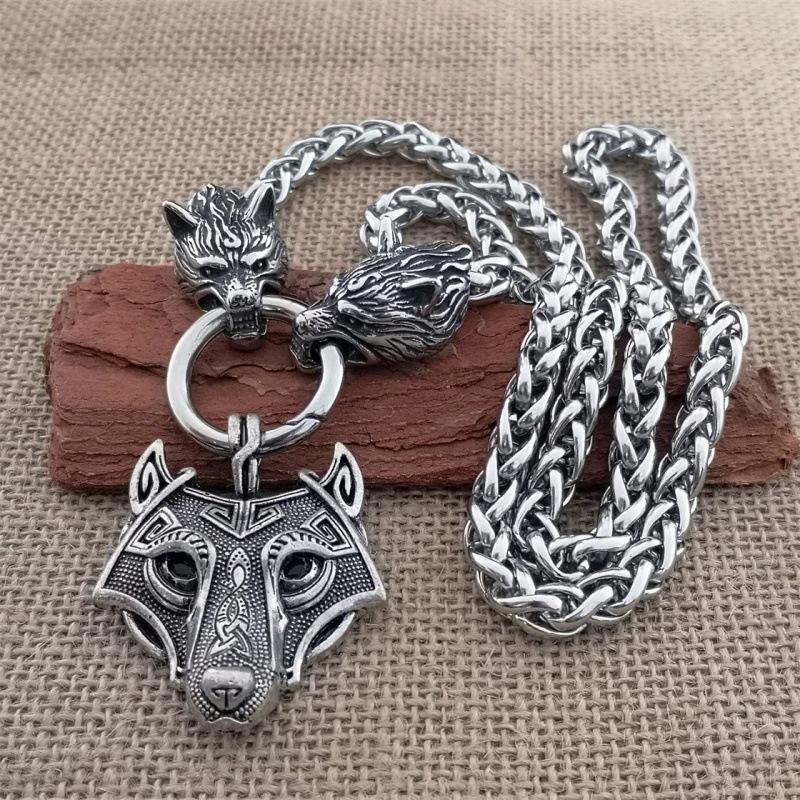 Nordic Viking Thor Hammer Pendant Wolf Head Necklace Domineering Necklace Men's Norwegian Jewelry