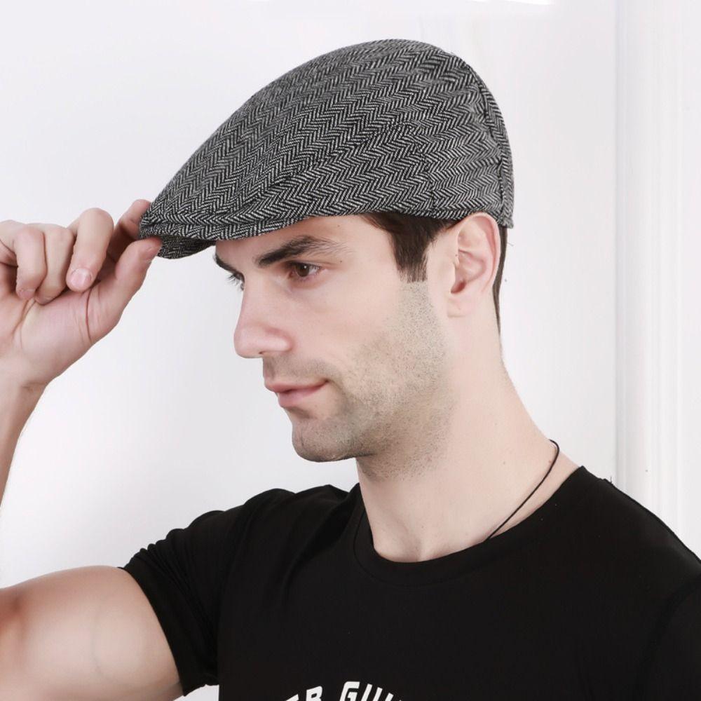 Flat Top Painter Hat Herringbone Newsboy Cap Casual Men Beret Male