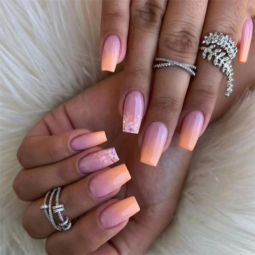 24Pcs Purple Gradient Press On Nails With Silver Sequins Removable Acrylic Fake Nail Tips Finished Manicure Set