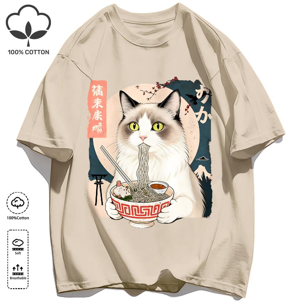 Puppet Cats Who Like To Eat Lamian Noodles T-Shirt Unisex Cotton O-Neck Tee Summer Loose Clothing Fashion Unisex Retro Short Sleeve