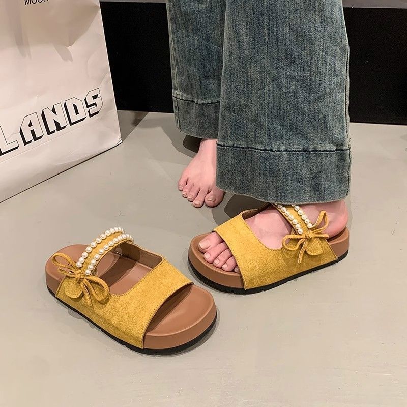 2025 sweet pearl bow flat bottom set toe one-word drag summer new beach wear Birkencool slippers women