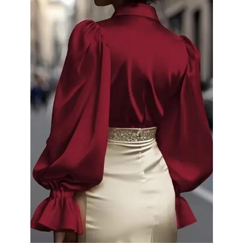 Новая элегантная женская блузка для通勤 с длинными рукавами-буфами, лацканами, из атласа, повседневная, свободная, офисная, новая, с лацканами, простая, модная, однотонная, топ