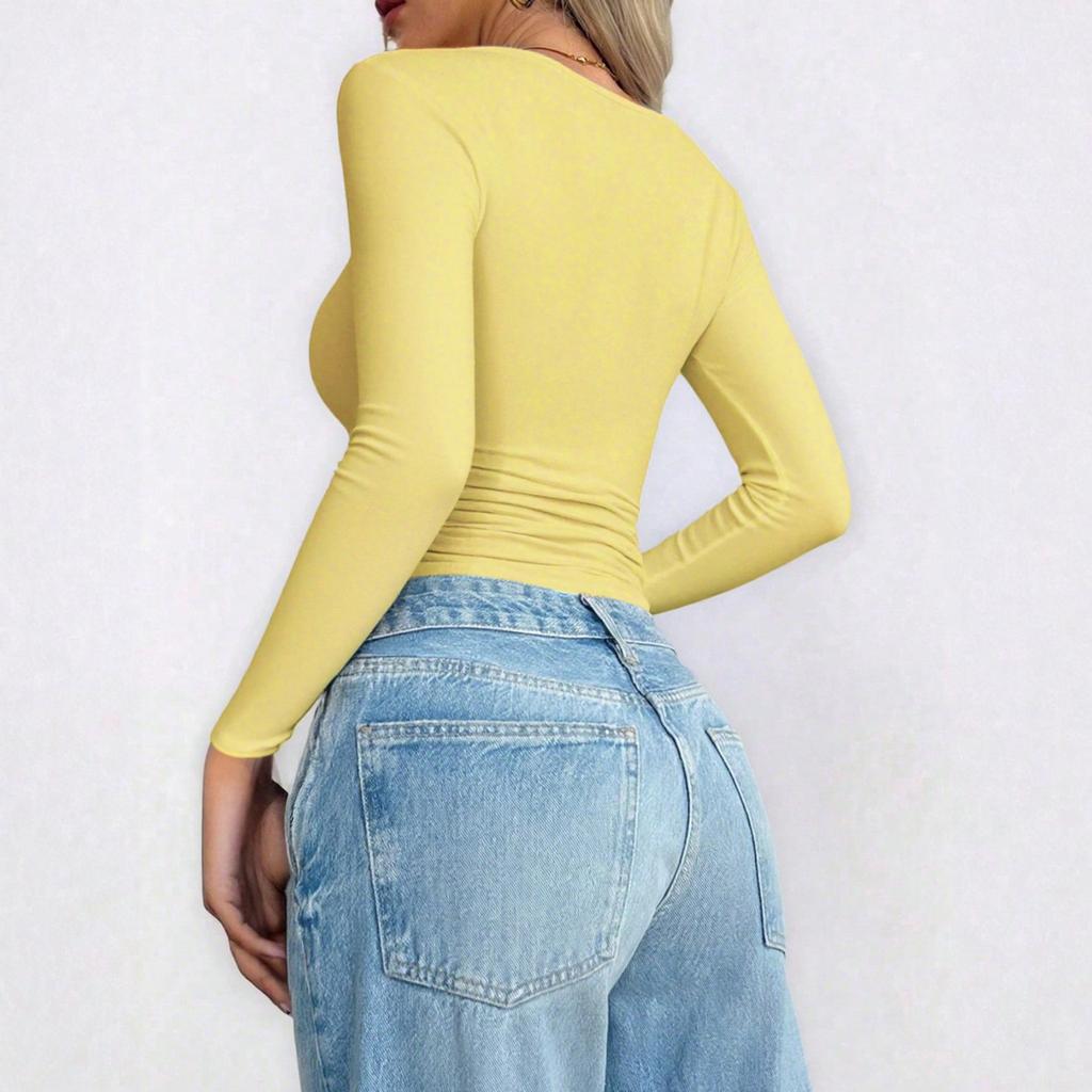 Женская повседневная модная однотонная футболка с U-образным вырезом и длинными рукавами, базовая футболка, удобный топ