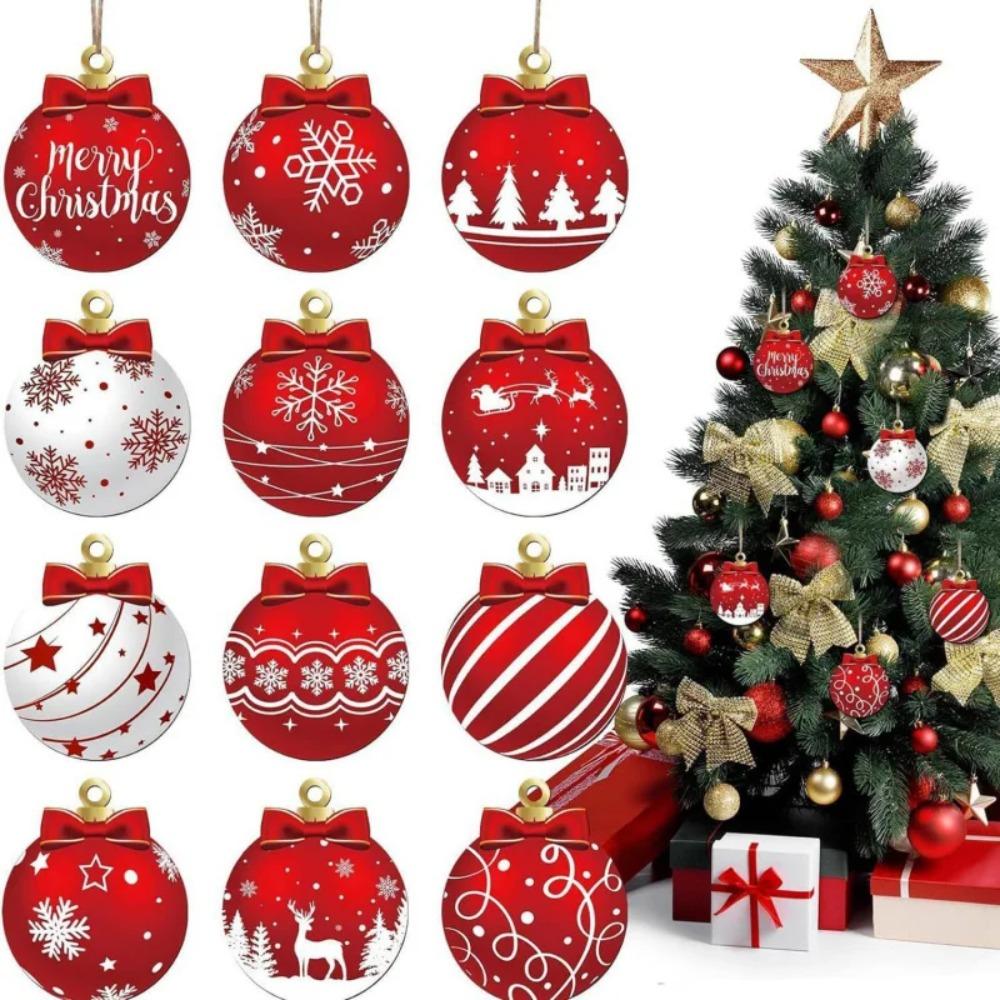 12PCS Wooden Christmas Ball Ornaments Red White Elk Snowflake Xmas Tree Decor Holiday Winter Party Hanging