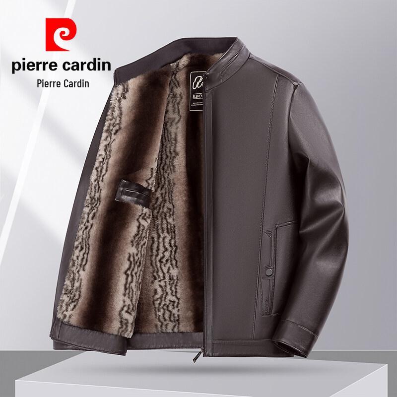 Мужская кожаная куртка Pierre Cardin 2025 с воротником-стойкой - Повседневная, Универсальная, Теплая, С подкладкой из бархата для мужчин среднего возраста