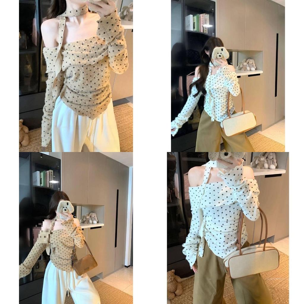 Oversized Dot Print T Shirt With Oneshoulder Neckline And Embroidery For Women Spring