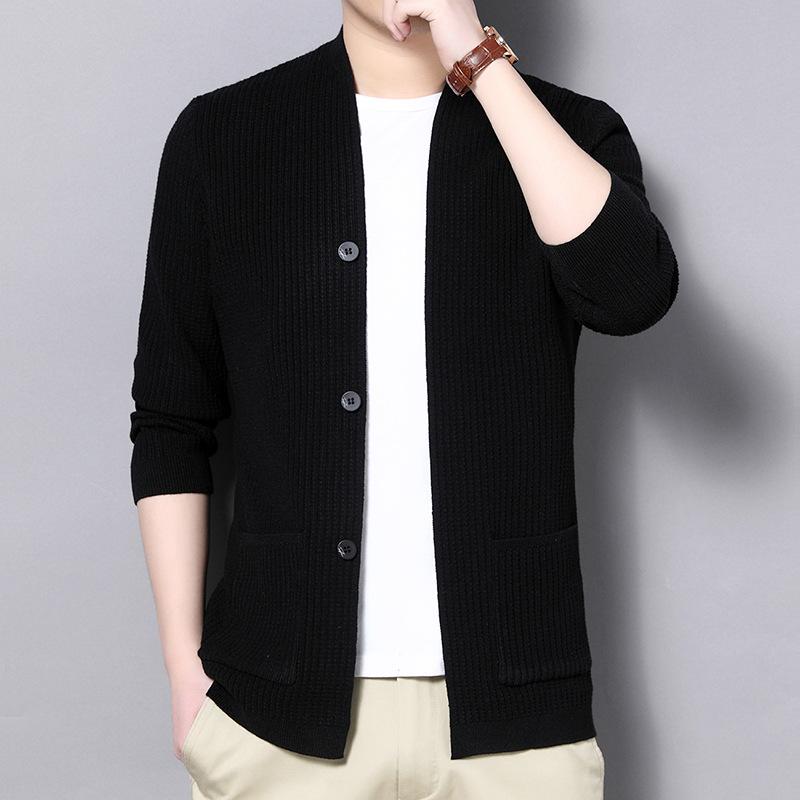 Sweater Men's Cardigan Trendy Slim Fit Solid Color Knitted Jacket Men's New Pocket Casual Handsome Thread Coat Outer Wear