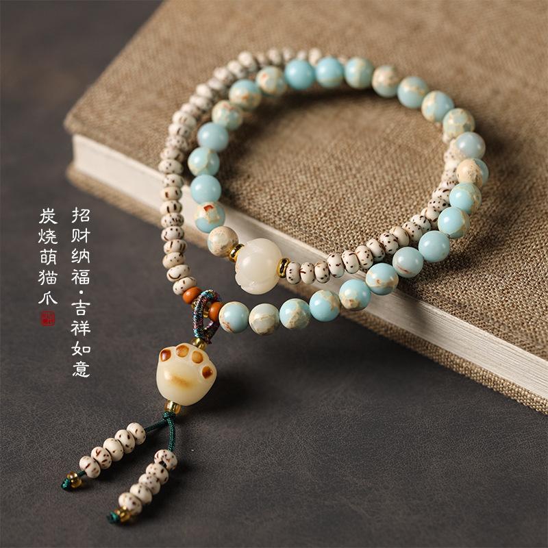 Authentic Chinese-style fresh and elegant double-ring star-moon bodhi and Shoushan stone cat paw bracelet, trendy Chinese-style hand chain