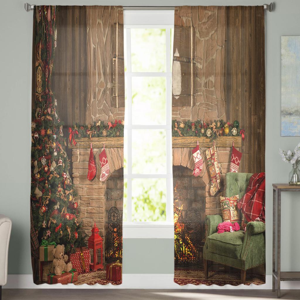 Christmas Fireplace Christmas Gift Tulle Window Curtains Living Room Organza Sheer Voile Curtain Bedroom Kitchen Home Decor
