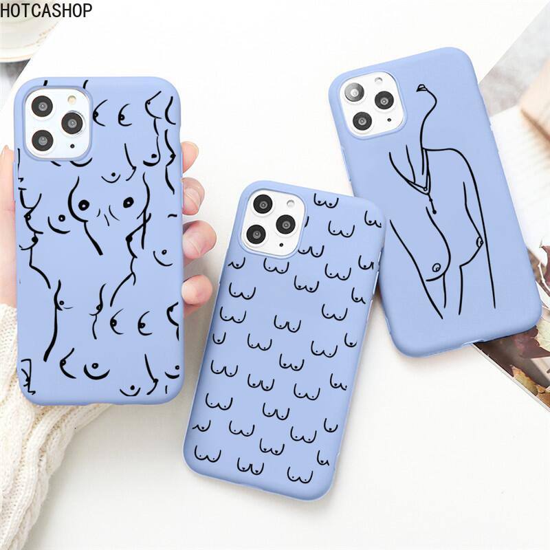 Boobs Art Print Harajuku Phone Case for iPhone 12 Mini Pro Max 11 Pro Max X XR XS 8 7 6s Plus Candy Purple Silicone Cases