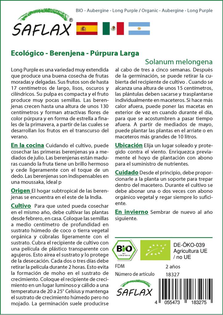 SAFLAX Сад в сумке - Органический - Баклажан - Длинный фиолетовый - 20 семян - С субстратом в подходящем стоячем мешке - Solanum melongena