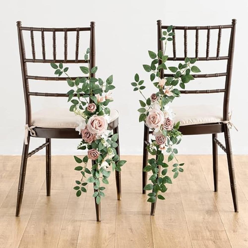 2 комплекта украшений для стульев на свадьбу, церковная скамья, искусственные цветы, зелень, гирлянды, скамья, церемония, прием, цветочный искусственный фон, роза, вечеринка на открытом воздухе