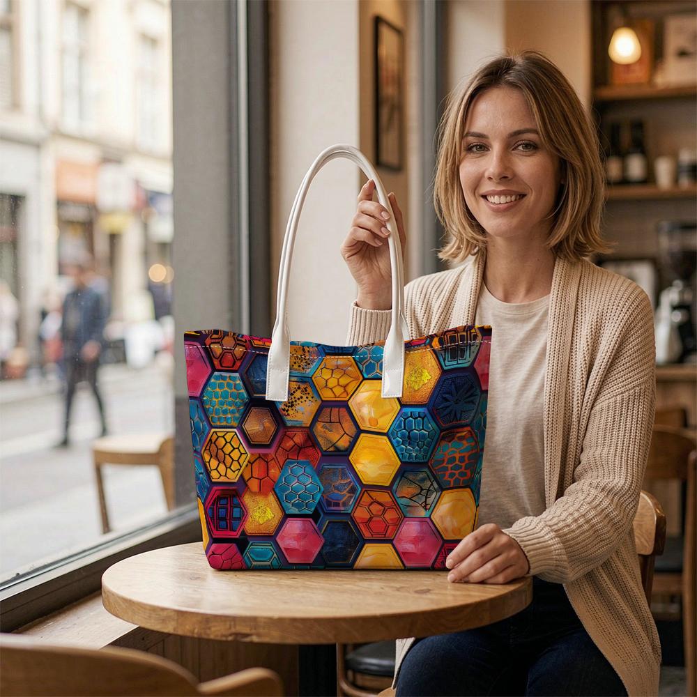 Colorful Hexagon Pattern Tote Bag Casual Reusable Shoulder Handbag for Daily Shopping Commute