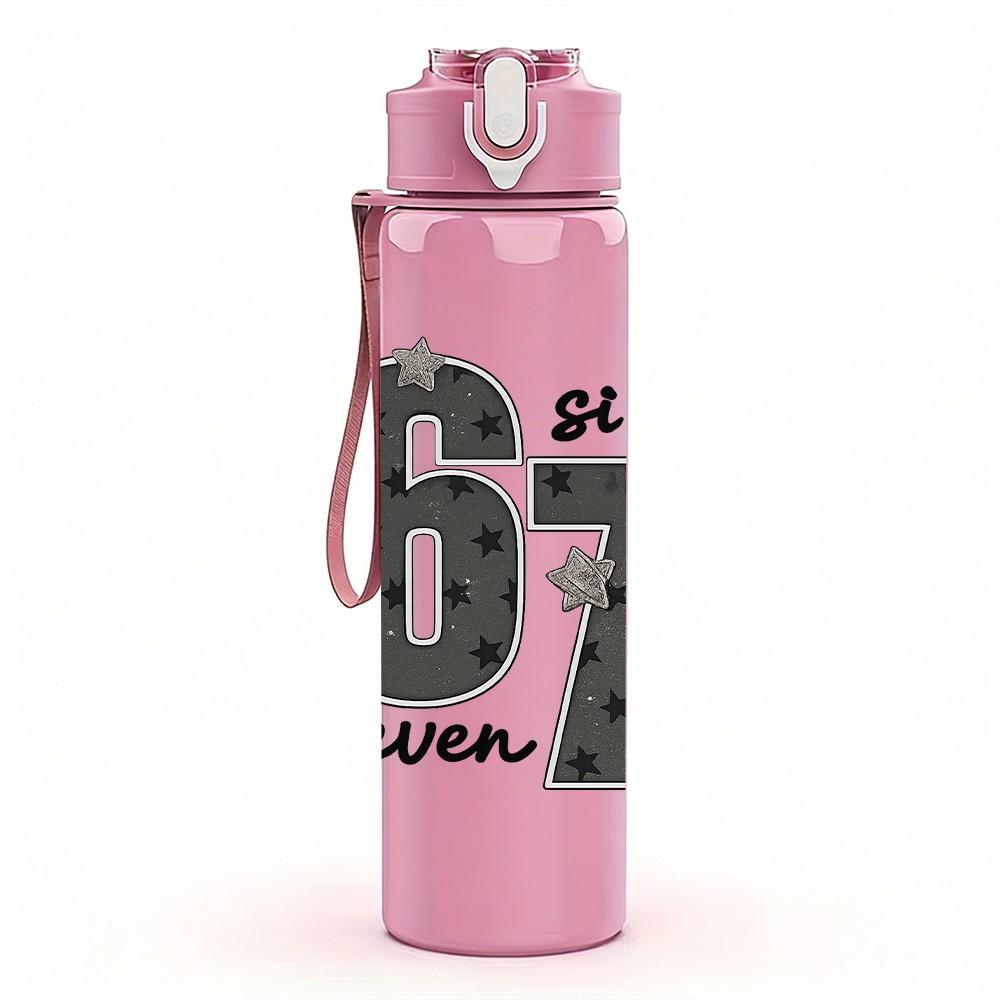 1PC Big 67 Number Retro Text Print 750ml Color Plastic Sports Water Bottle Leakproof Flip Straw Lid Suitable for Sports Office Home Use