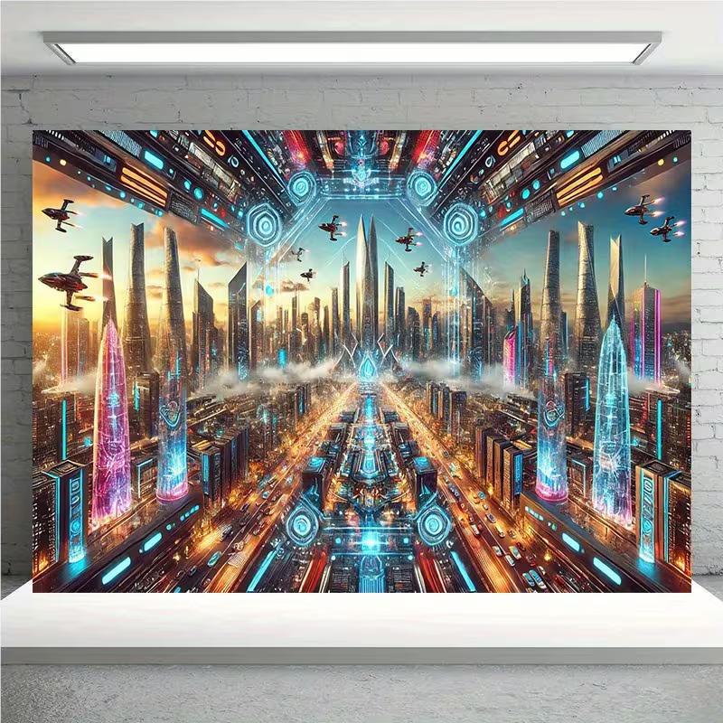 2D Neon Cyberpunk Metropolis Backdrop Futuristic Skyscrapers Photography Background