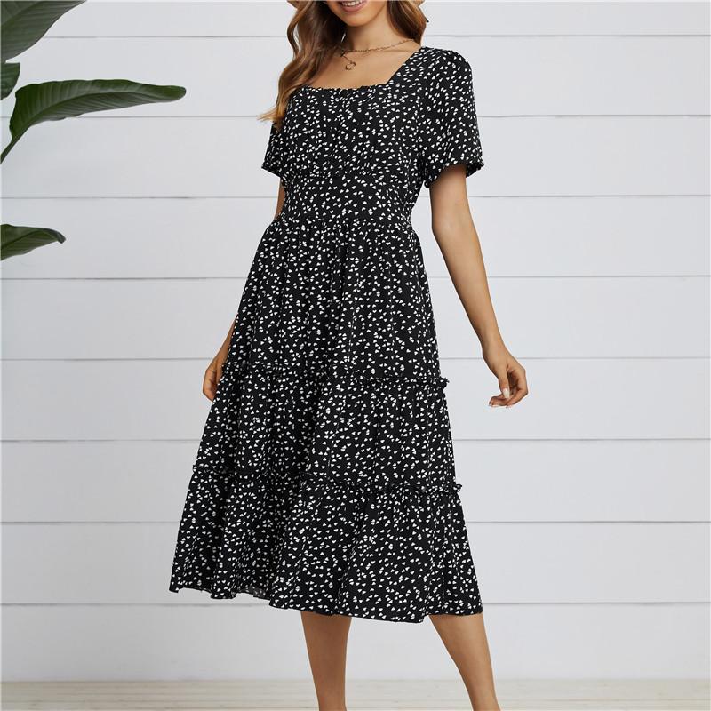Summer Love Pattern Dot Print Dress Women Casual A-Line Short Sleeve Square Collar Ruffles Medium Long Chiffon Red Black Blue Green
