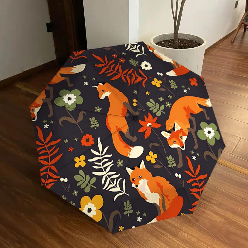 1pc Foxes, Floral Pattern Auto Umbrella Durable Iron Frame & Plastic Handle, Gift for Men & Women, Sturdy Construction y250905181