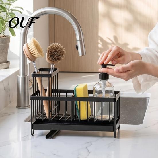 Drainage Rack for Kitchen Sink Caddy Organizer with Drain Tray, Durable Carbon Steel Sponge Holder, Detachable Space Saving Dishwashing Brushes