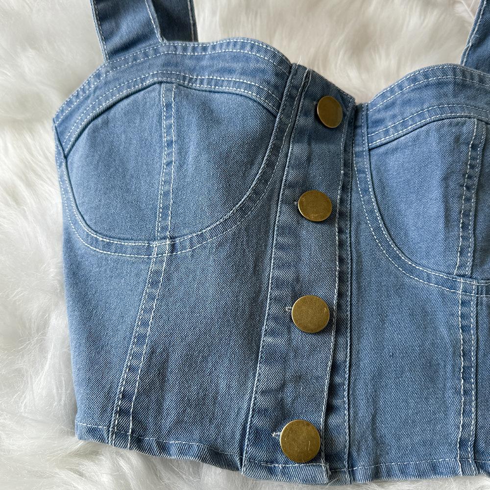 Women's Chic Hong Kong Style Retro Suit Short Camisole Vest Mini Denim Skirt Suit