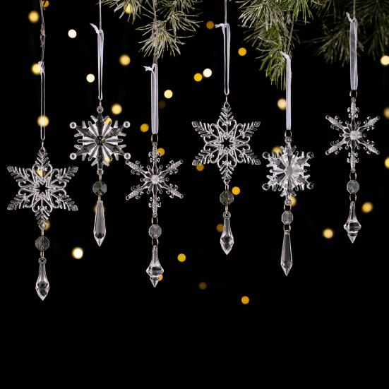 6 Pcs Acrylic Crystal Christmas Ornament Sparkling Clear Snowflake Hanging Ornaments with Drop Pendants for Xmas Tree Decoration