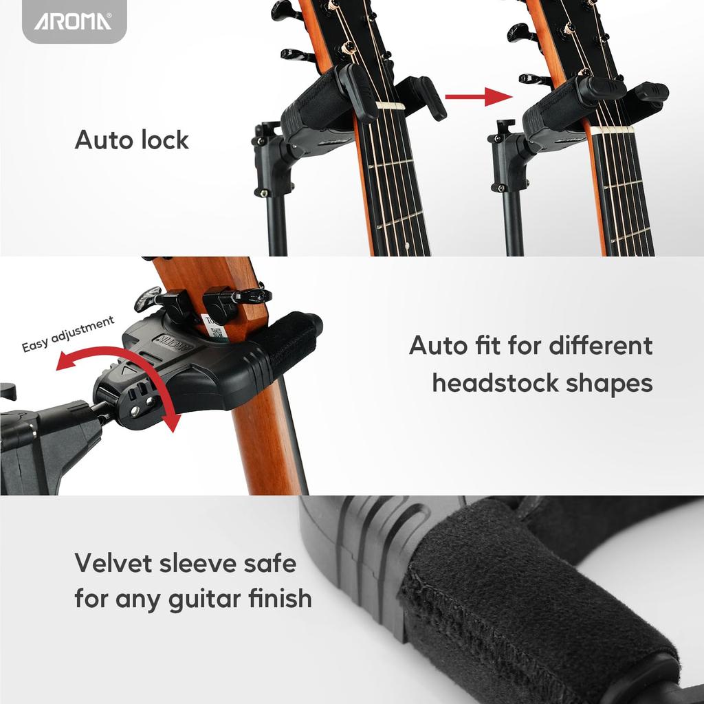 Aroma Portable Guitar Floor Stand with Neck Height Stable Compatible with Guitars and Basses Stand, Tripod-Style Auto-Lock Holder, One-Touch