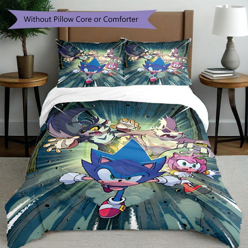 3pcs Duvet Cover Set (1*Duvet Cover + 2*Pillowcase, Without Core), Sonic Print Bedding Set, Bedroom Decor, All‑Season, Birthday Gift