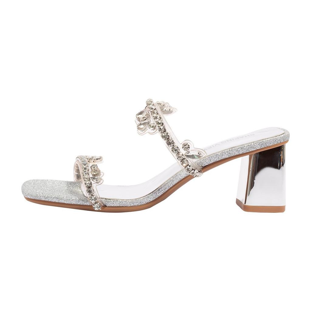 Sweet 2025 Summer New Silver Square Head Sparkling Rhinestone High-heeled Sandals Wear Thick Heels Cool Slippers Women