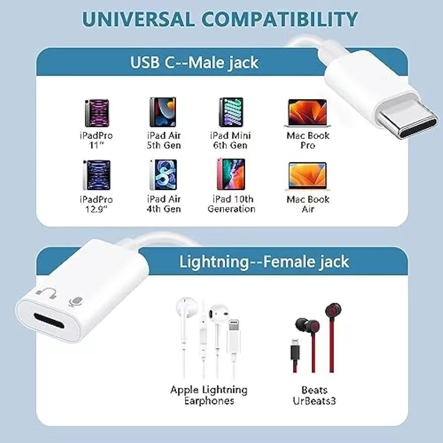 USB C To Lighting Audio Headphone Adapter for iPhone 15 Pro Max Type C To IOS 17 16 15 14 13 HIFI Aux Earphone Cord Connector