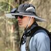 Men Outdoor Hat with Detachable Solar Fan Large Brim Windproof Strap USB Charging Anti-UV Sunlight Protection Hollow Mesh Great Breathability