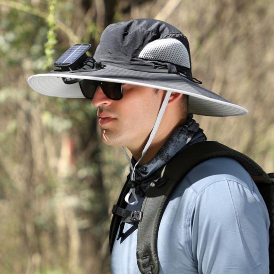 Men Outdoor Hat with Detachable Solar Fan Large Brim Windproof Strap USB Charging Anti-UV Sunlight Protection Hollow Mesh Great Breathability