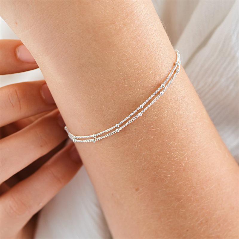 Elegant Women's Multi-Layer Beaded Bracelet - Stainless Steel 14K Gold Non-Fading Thin Chain Jewelry